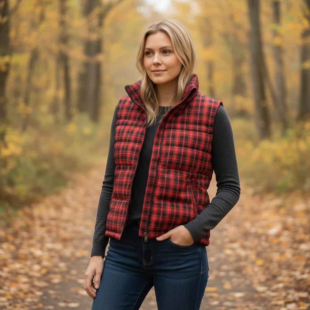 Charter Club Red Black Plaid Puffer Vest XL Full Zip Padded Quilted